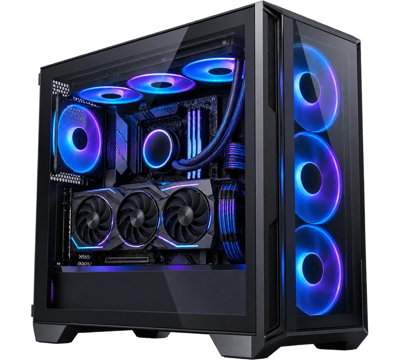 Torre gaming con iluminación azul y violeta